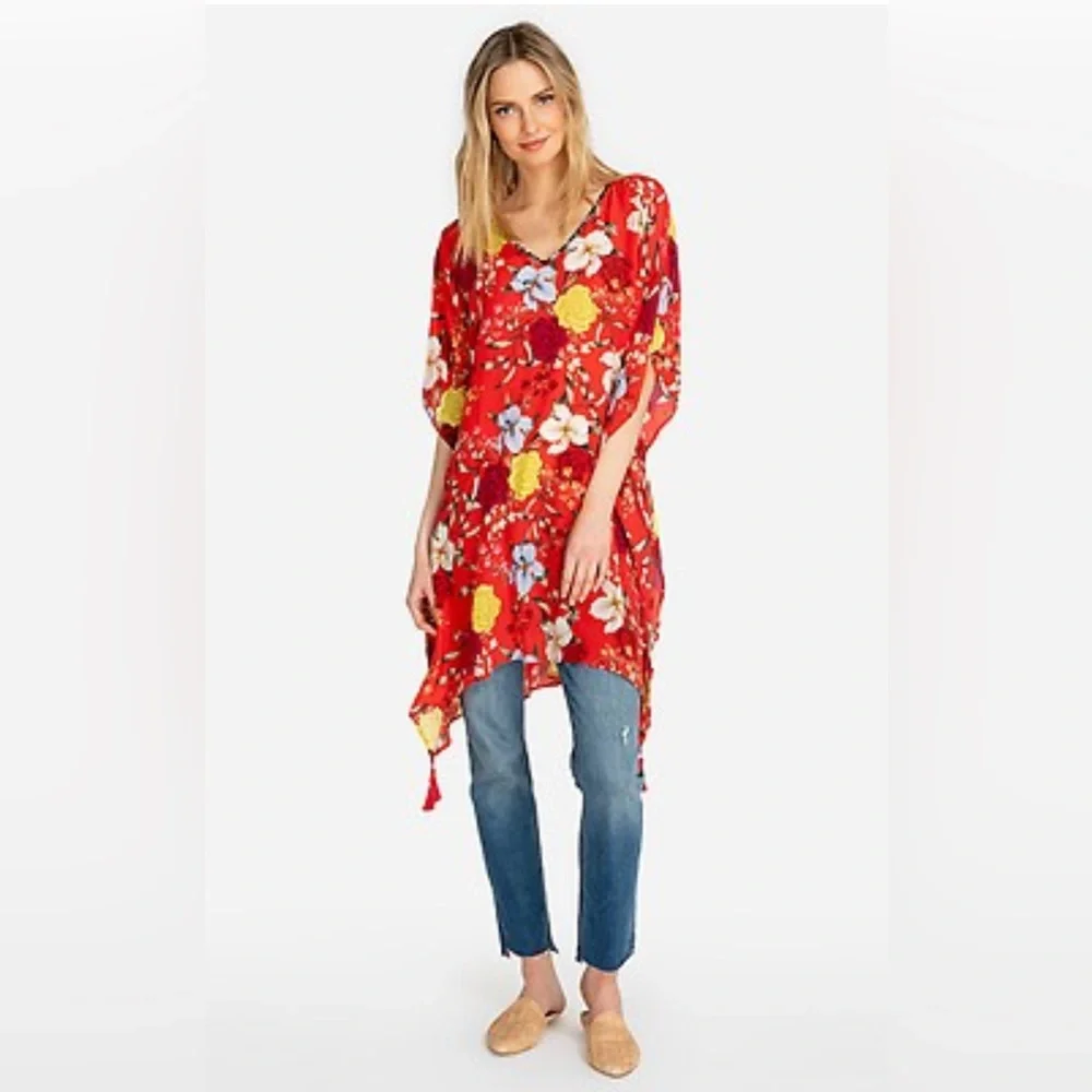 NWT Jade Johnny Was Top Red Silk Vega Tunic Pullover Floral Dress Boho XS - Picture 1 of 7
